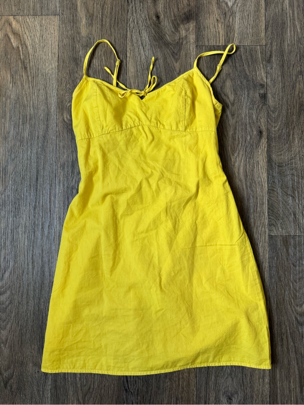 Brandy Melville Yellow Cotton Smocked Back V-Neck Mini A-Line Tie Bow Dress S